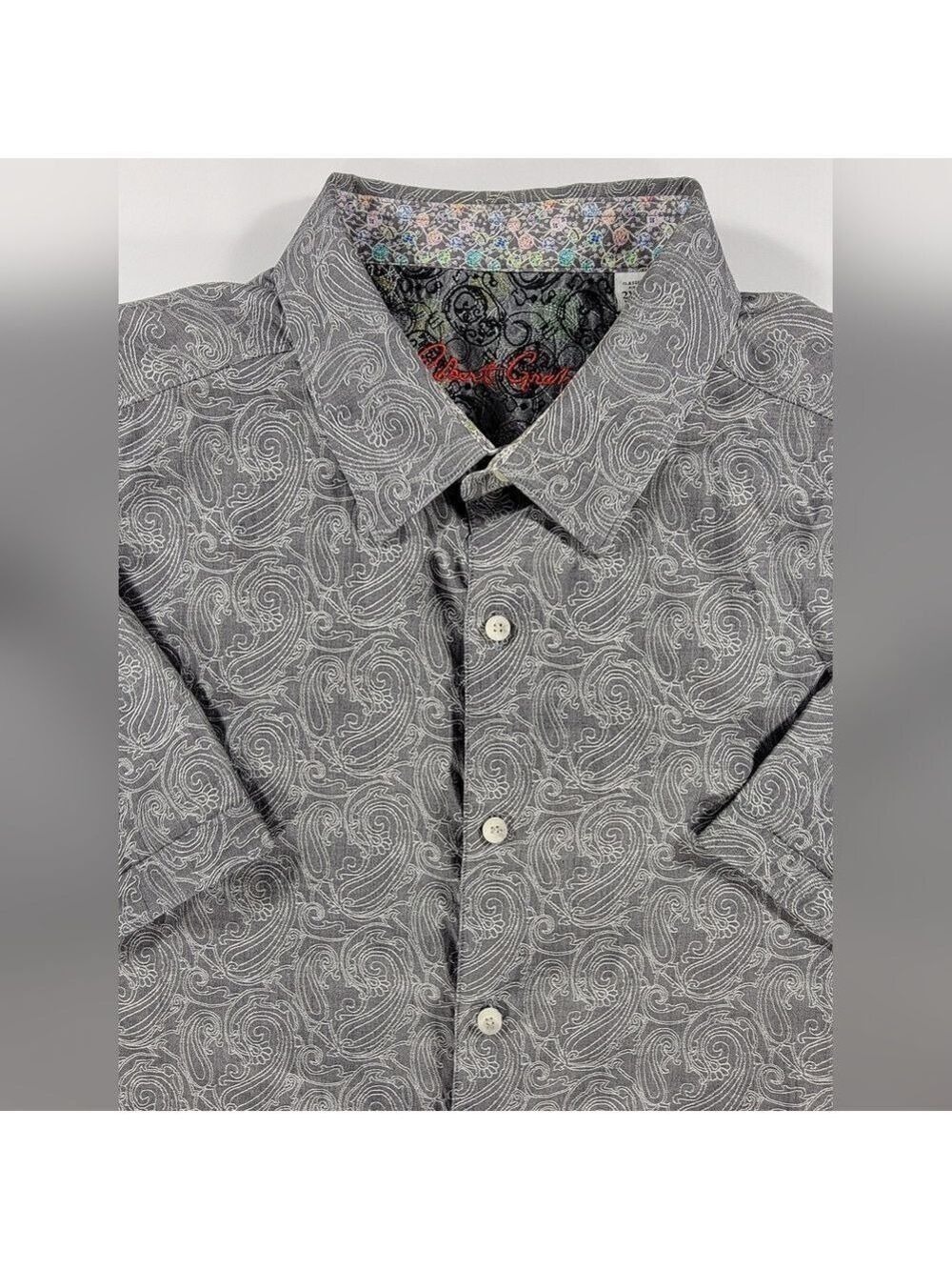 Robert Graham Button Shirt Mens 2XL XXL Gray White Paisley Short Sleeve